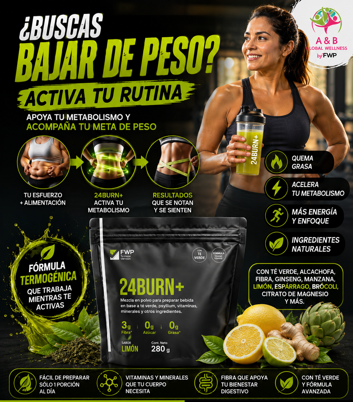 24BURN+: activa tu rutina. Mujer con ropa deportiva y el doypack de 280 gramos en una pieza sobre actividad y metas de peso.