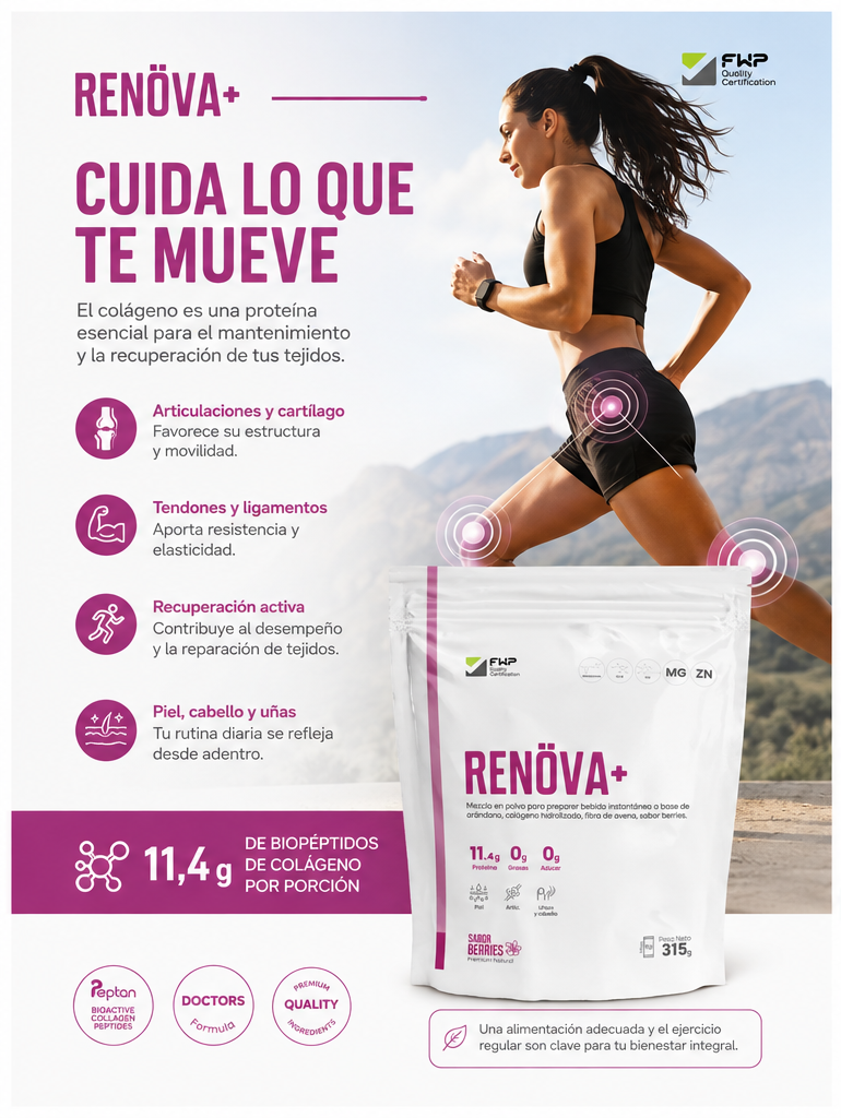 Renöva+: cuida lo que te mueve. Corredora y empaque de colágeno en una pieza sobre movimiento y cuidado diario.